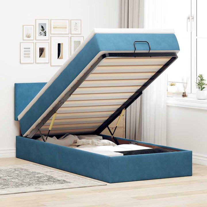 Cadre De Lit Ottoman Avec Matelas Velours Bleu Foncé