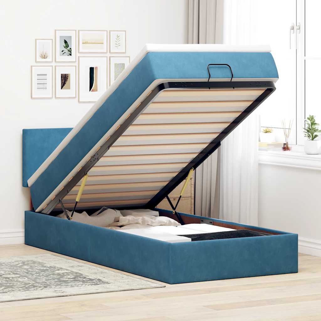 Cadre De Lit Ottoman Avec Matelas Velours Bleu Foncé