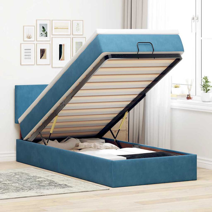 Cadre De Lit Ottoman Avec Matelas Velours Bleu Foncé
