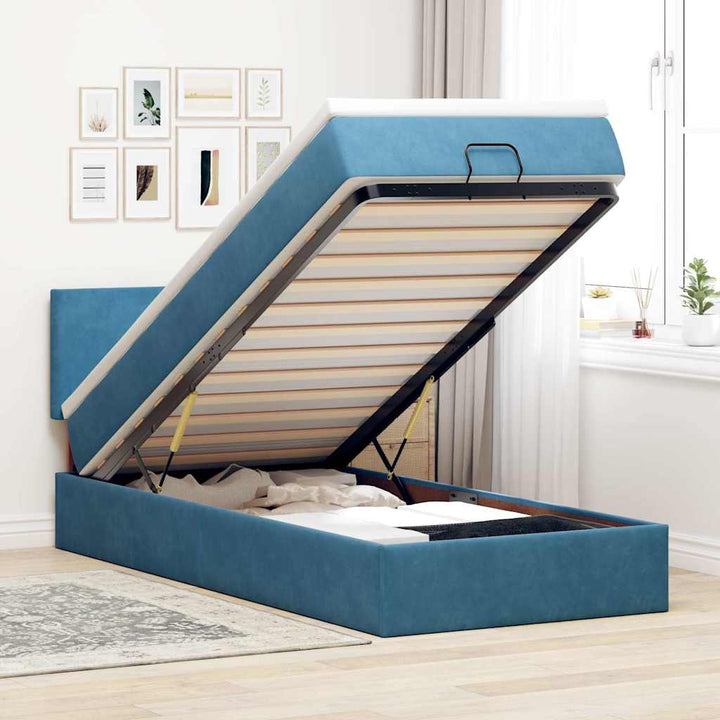 Cadre De Lit Ottoman Avec Matelas Velours Bleu Foncé