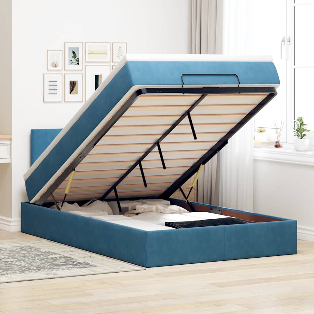 Cadre De Lit Ottoman Avec Matelas Velours Bleu Foncé