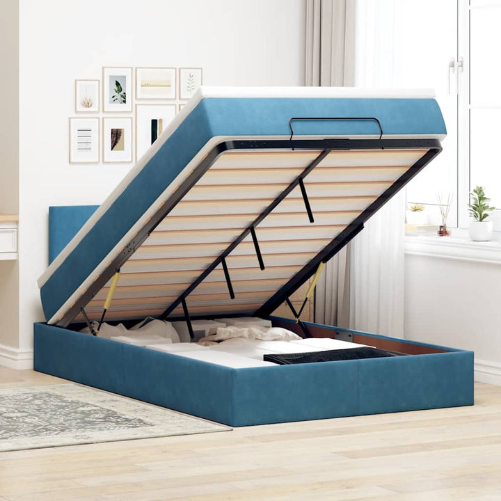 Cadre De Lit Ottoman Avec Matelas Velours Bleu Foncé