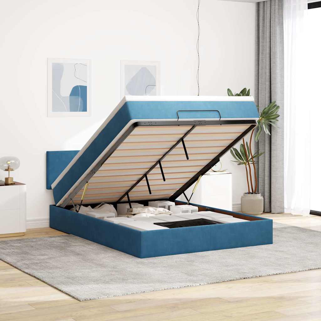 Cadre De Lit Ottoman Avec Matelas Velours Bleu Foncé