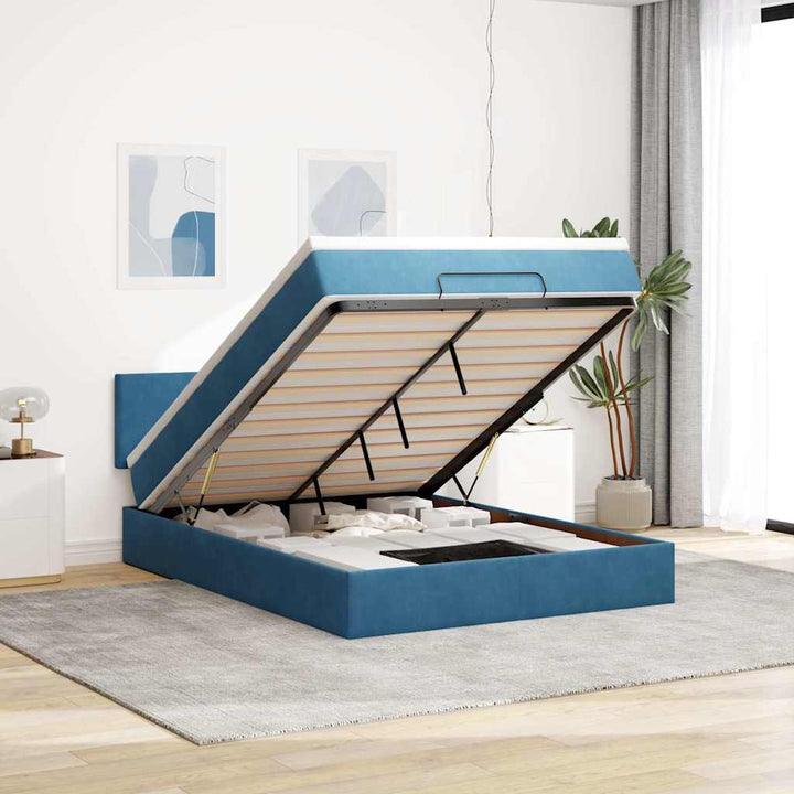 Cadre De Lit Ottoman Avec Matelas Velours Bleu Foncé