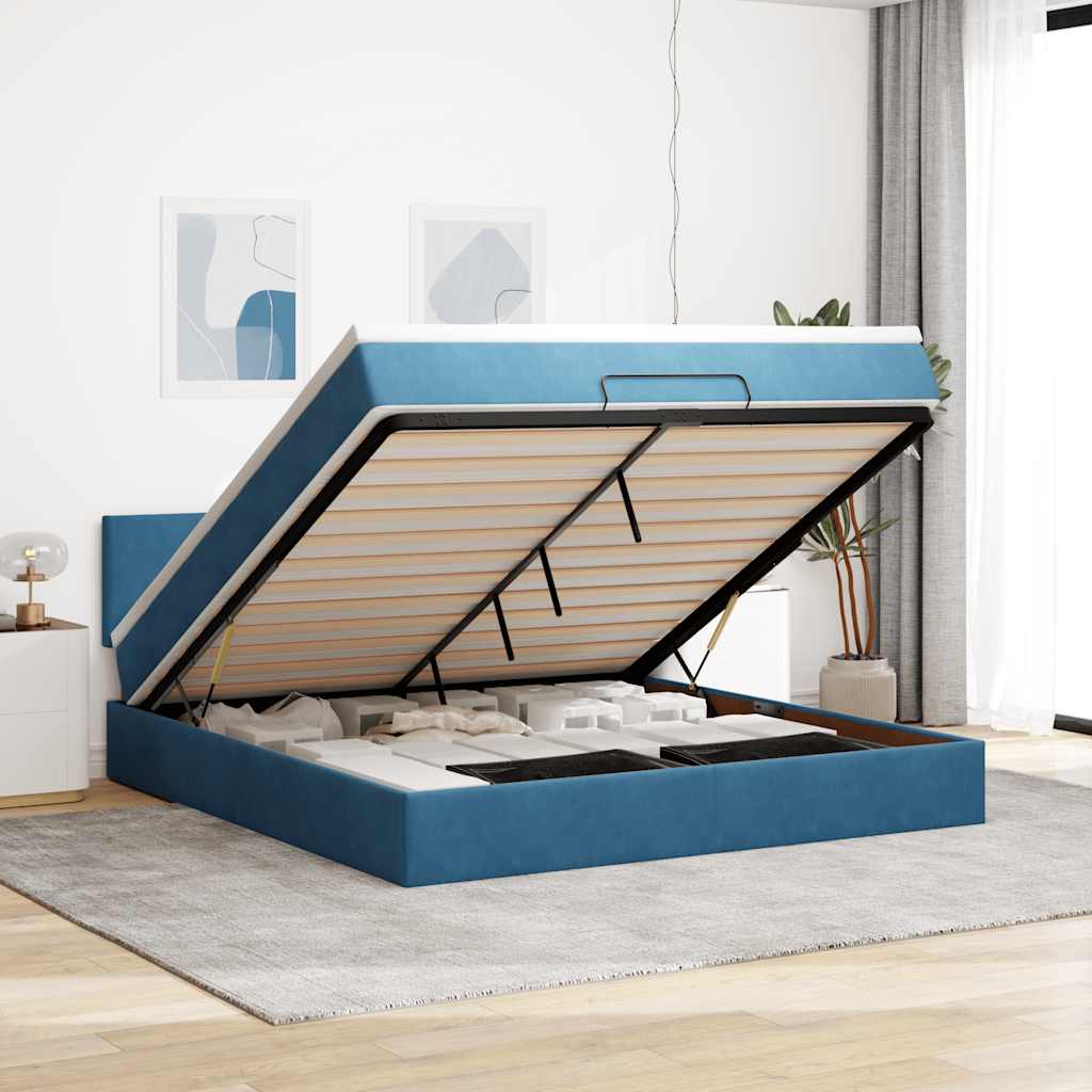 Cadre De Lit Ottoman Avec Matelas Velours Bleu Foncé
