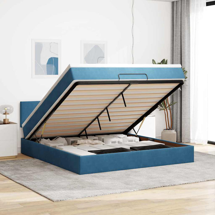 Cadre De Lit Ottoman Avec Matelas Velours Bleu Foncé