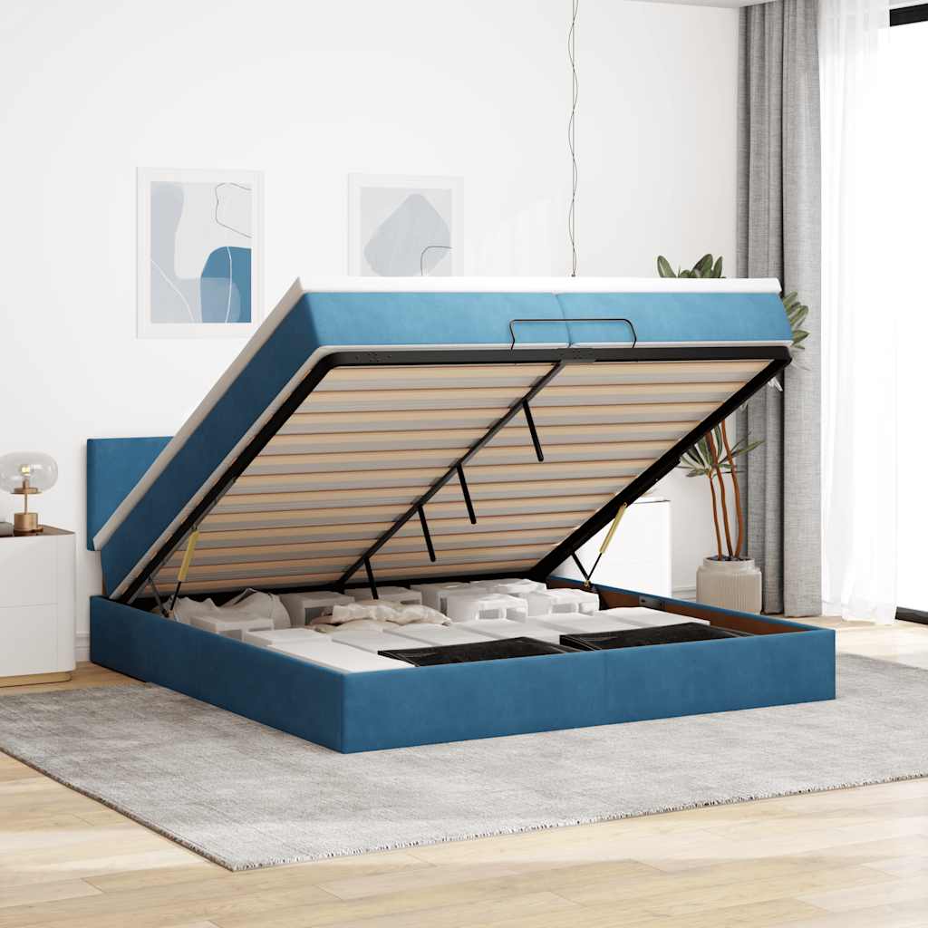 Cadre De Lit Ottoman Avec Matelas Velours Bleu Foncé