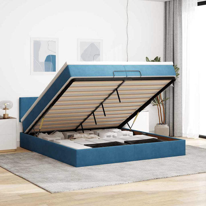 Cadre De Lit Ottoman Avec Matelas Velours Bleu Foncé