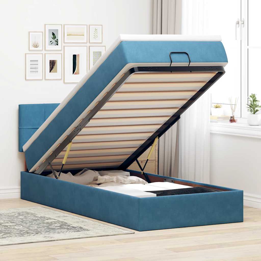 Cadre De Lit Ottoman Avec Matelas Velours Bleu Foncé