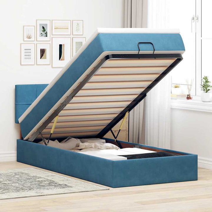 Cadre De Lit Ottoman Avec Matelas Velours Bleu Foncé