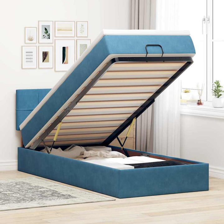 Cadre De Lit Ottoman Avec Matelas Velours Bleu Foncé