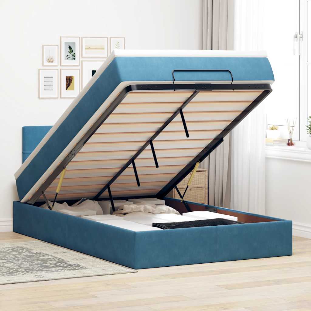 Cadre De Lit Ottoman Avec Matelas Velours Bleu Foncé