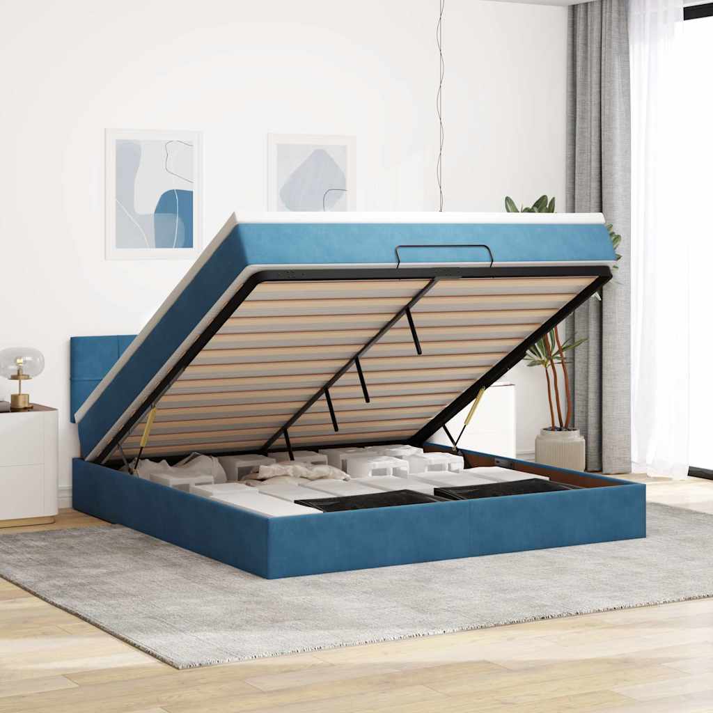 Cadre De Lit Ottoman Avec Matelas Velours Bleu Foncé