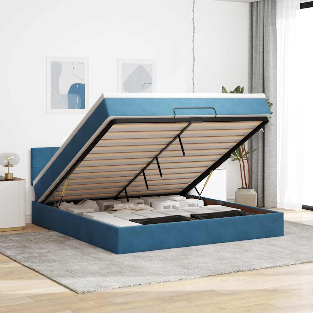 Cadre De Lit Ottoman Avec Matelas Velours Bleu Foncé