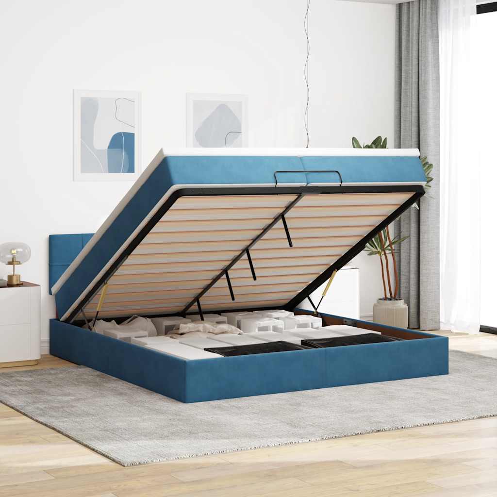 Cadre De Lit Ottoman Avec Matelas Velours Bleu Foncé