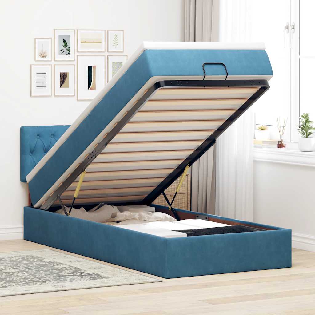 Cadre De Lit Ottoman Avec Matelas Velours Bleu Foncé
