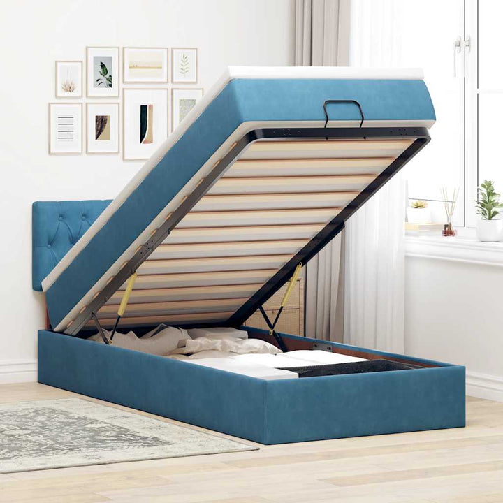 Cadre De Lit Ottoman Avec Matelas Velours Bleu Foncé