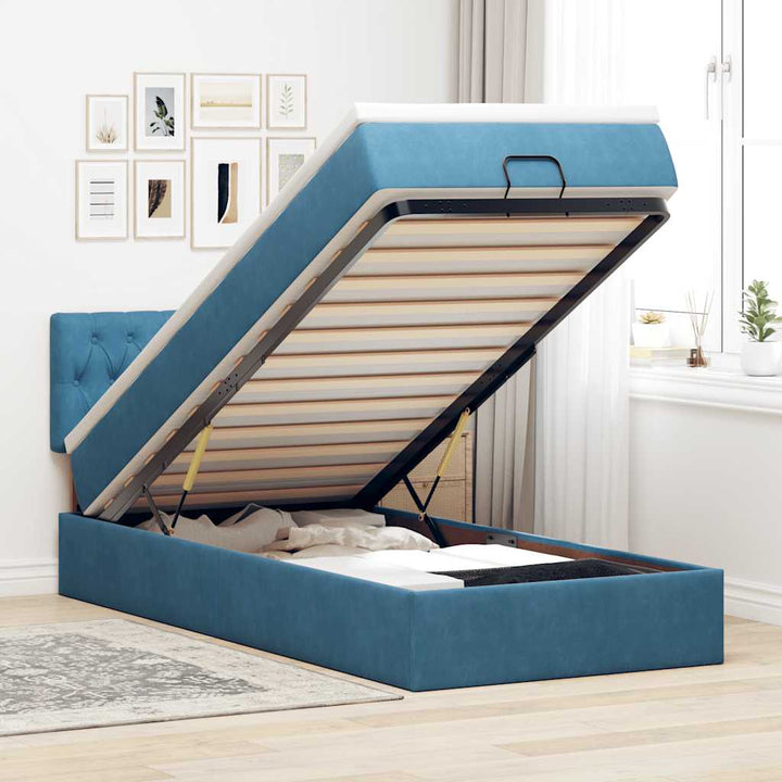 Cadre De Lit Ottoman Avec Matelas Velours Bleu Foncé
