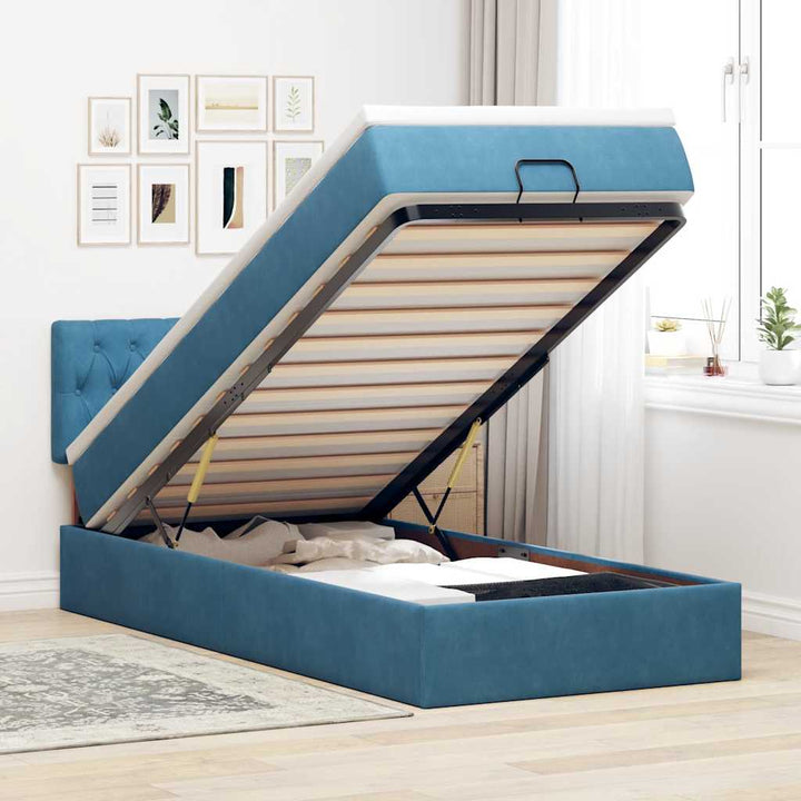 Cadre De Lit Ottoman Avec Matelas Velours Bleu Foncé