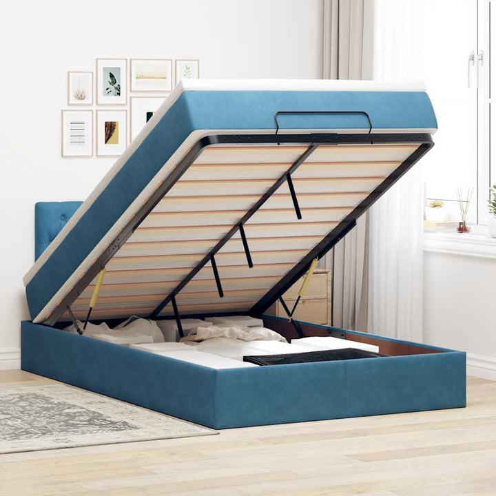 Cadre De Lit Ottoman Avec Matelas Velours Bleu Foncé