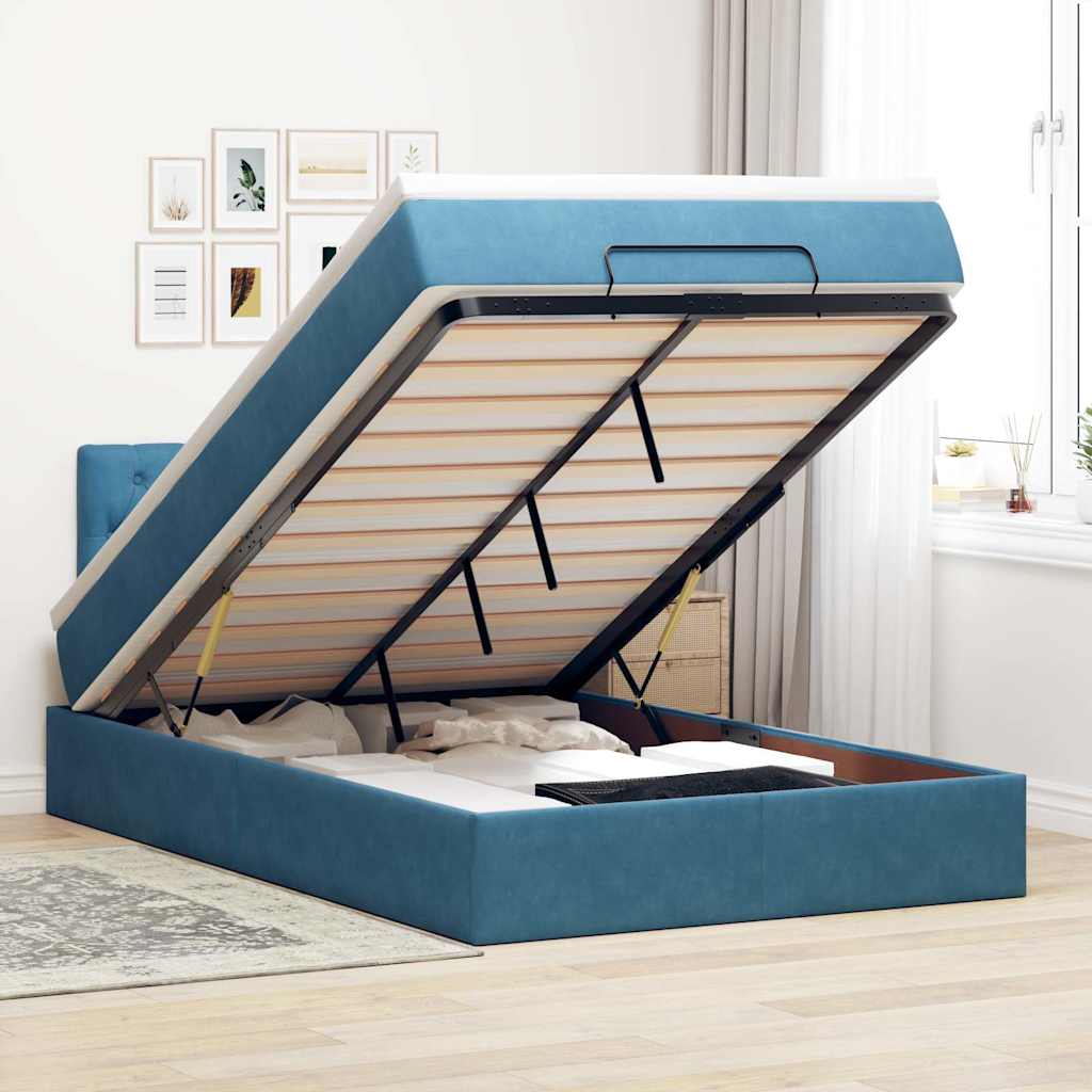 Cadre De Lit Ottoman Avec Matelas Velours Bleu Foncé