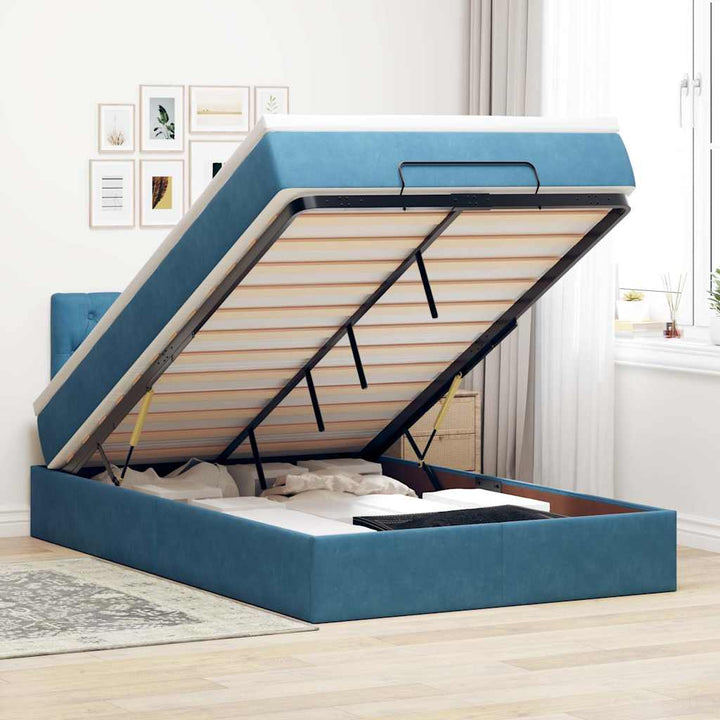 Cadre De Lit Ottoman Avec Matelas Velours Bleu Foncé