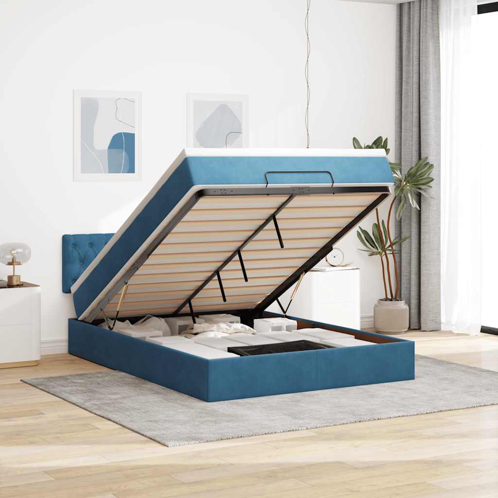 Cadre De Lit Ottoman Avec Matelas Velours Bleu Foncé