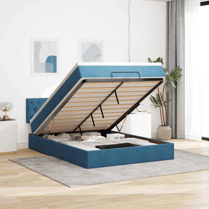 Cadre De Lit Ottoman Avec Matelas Velours Bleu Foncé