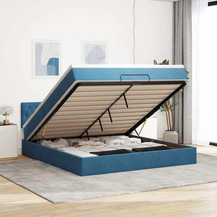 Cadre De Lit Ottoman Avec Matelas Velours Bleu Foncé