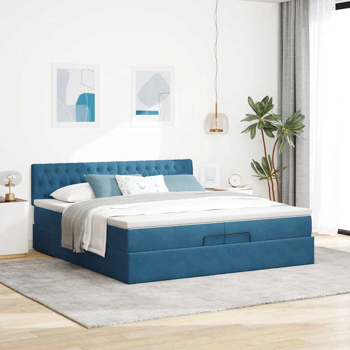 Cadre De Lit Ottoman Avec Matelas Velours Bleu Foncé