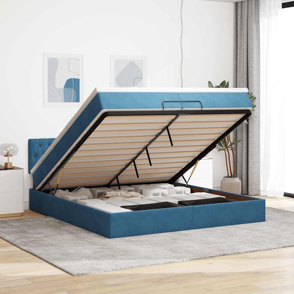 Cadre De Lit Ottoman Avec Matelas Velours Bleu Foncé