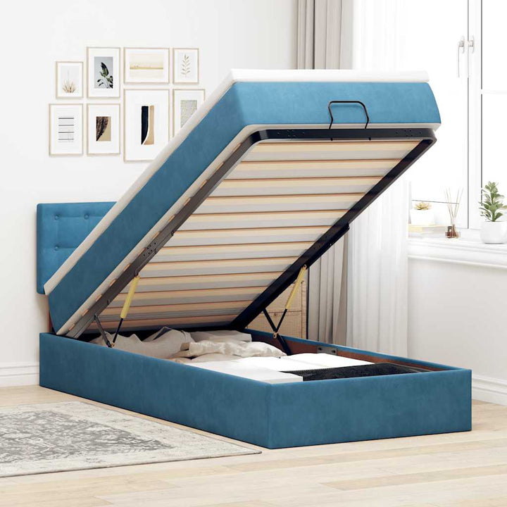 Cadre De Lit Ottoman Avec Matelas Velours Bleu Foncé