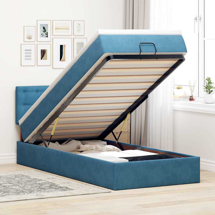 Cadre De Lit Ottoman Avec Matelas Velours Bleu Foncé