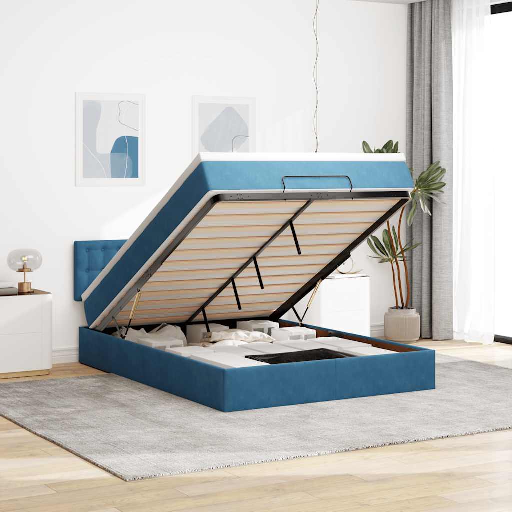 Cadre De Lit Ottoman Avec Matelas Velours Bleu Foncé