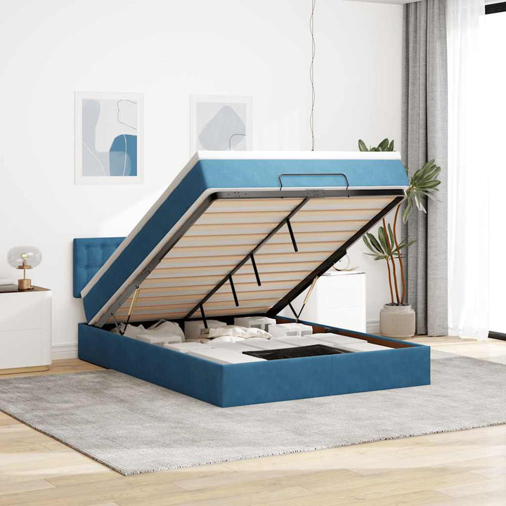 Cadre De Lit Ottoman Avec Matelas Velours Bleu Foncé