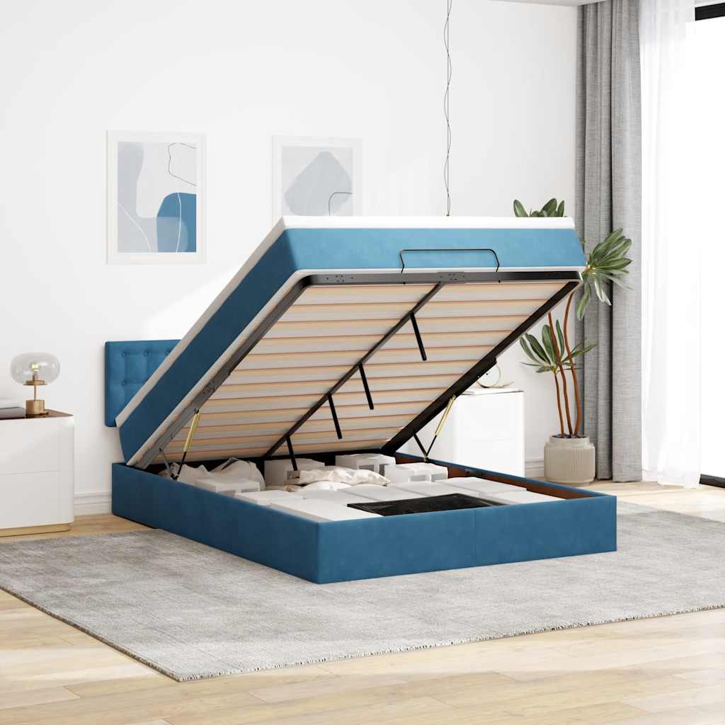 Cadre De Lit Ottoman Avec Matelas Velours Bleu Foncé