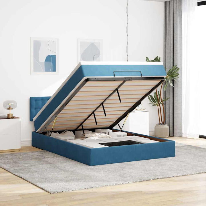 Cadre De Lit Ottoman Avec Matelas Velours Bleu Foncé