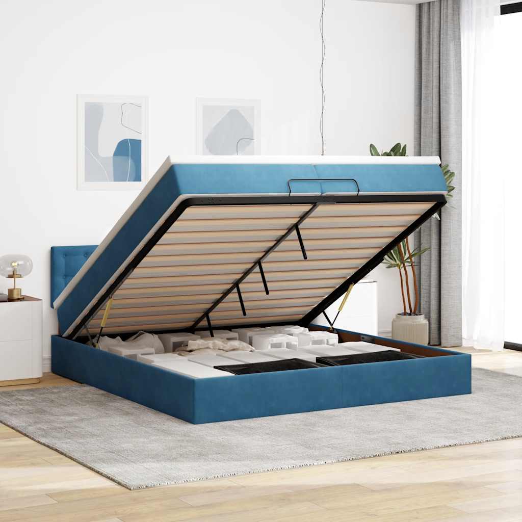 Cadre De Lit Ottoman Avec Matelas Velours Bleu Foncé