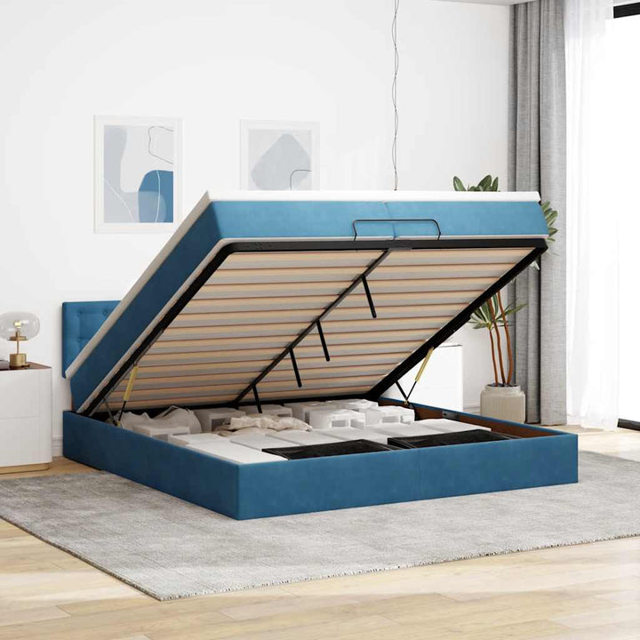 Cadre De Lit Ottoman Avec Matelas Velours Bleu Foncé