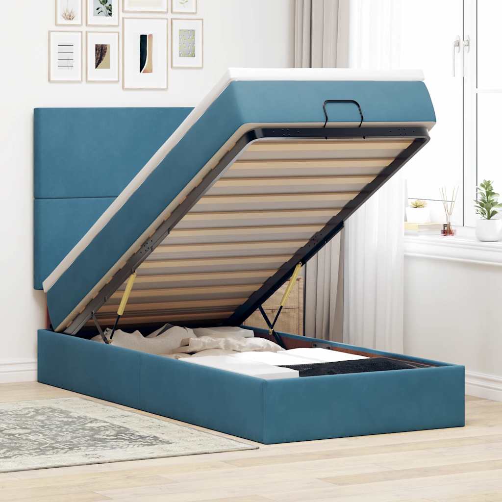 Cadre De Lit Ottoman Avec Matelas Velours Bleu Foncé