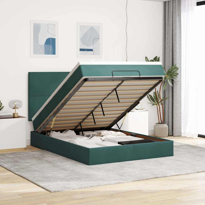 Cadre De Lit Ottoman Avec Matelas Velours Vert Foncé