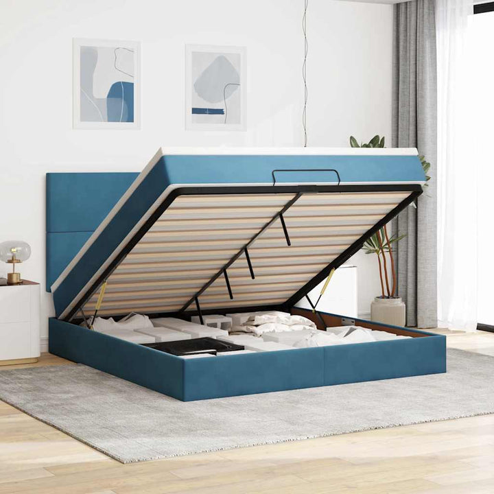 Cadre De Lit Ottoman Avec Matelas Velours Bleu Foncé