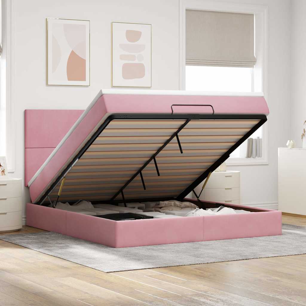 Cadre De Lit Ottoman Avec Matelas Velours Rose