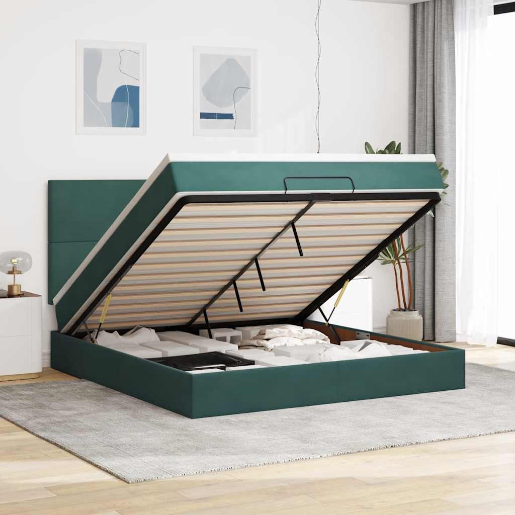 Cadre De Lit Ottoman Avec Matelas Velours Vert Foncé