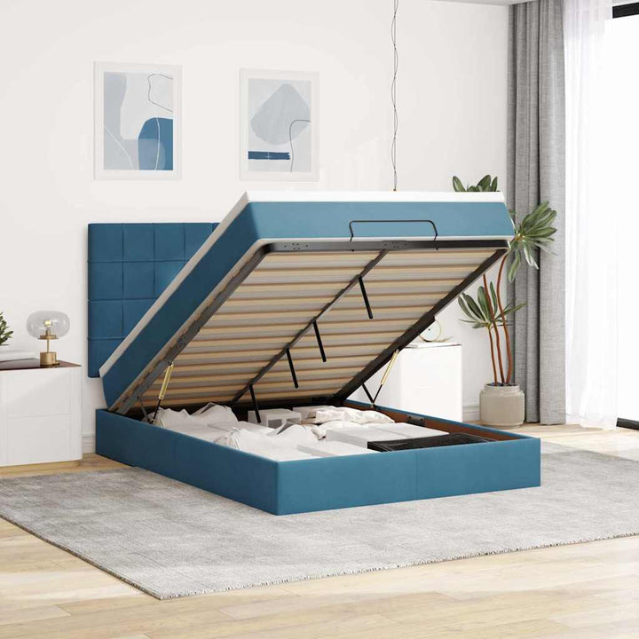 Cadre De Lit Ottoman Avec Matelas Velours Bleu Foncé