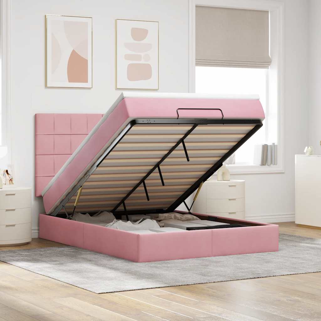 Cadre De Lit Ottoman Avec Matelas Velours Rose