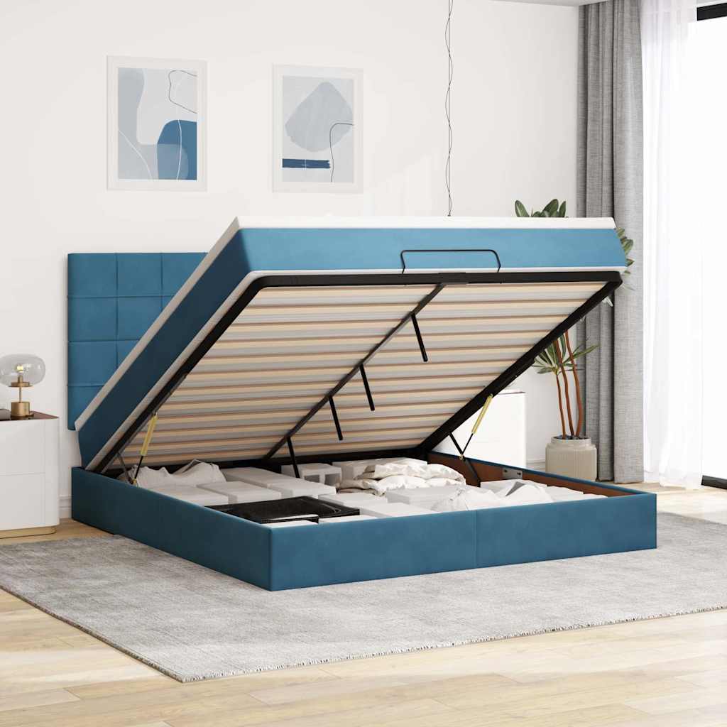 Cadre De Lit Ottoman Avec Matelas Velours Bleu Foncé