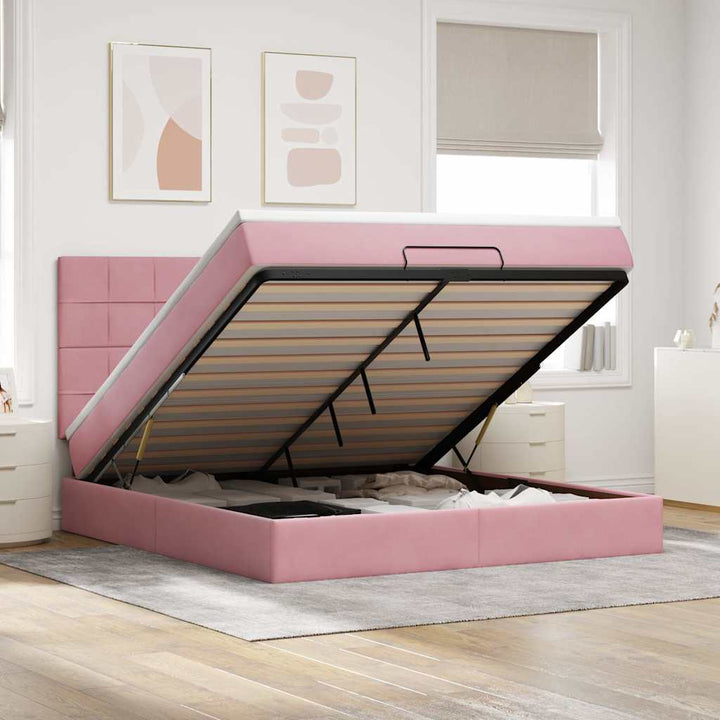 Cadre De Lit Ottoman Avec Matelas Velours Rose