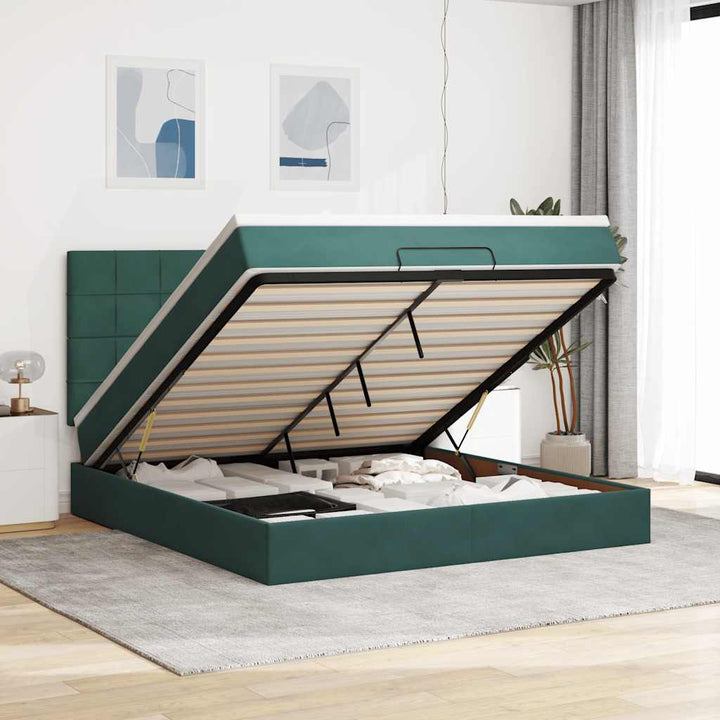 Cadre De Lit Ottoman Avec Matelas Velours Vert Foncé