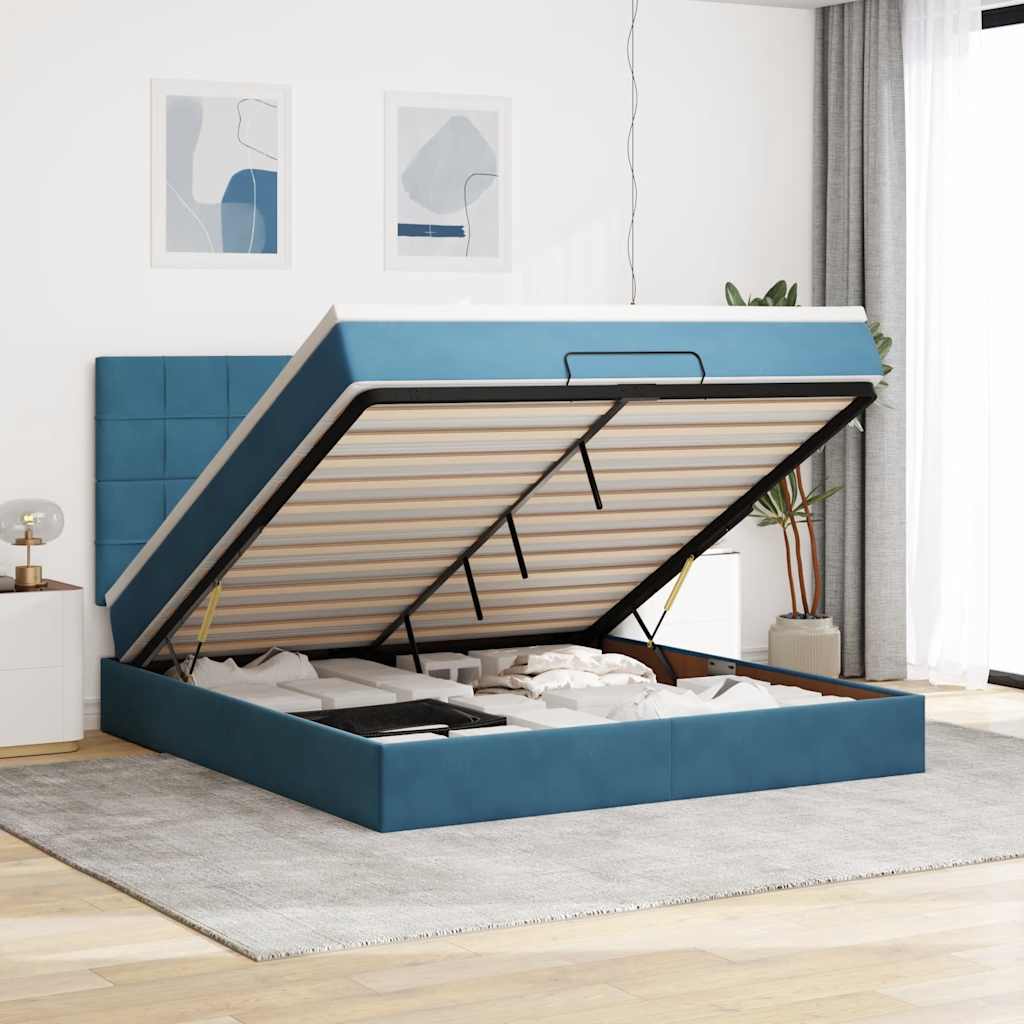 Cadre De Lit Ottoman Avec Matelas Velours Bleu Foncé